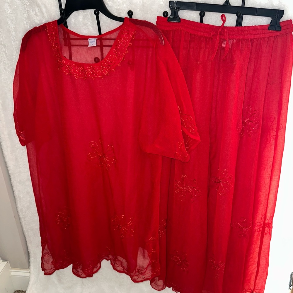 Sheer Red Embroidered Swim Coverup Set - Women
